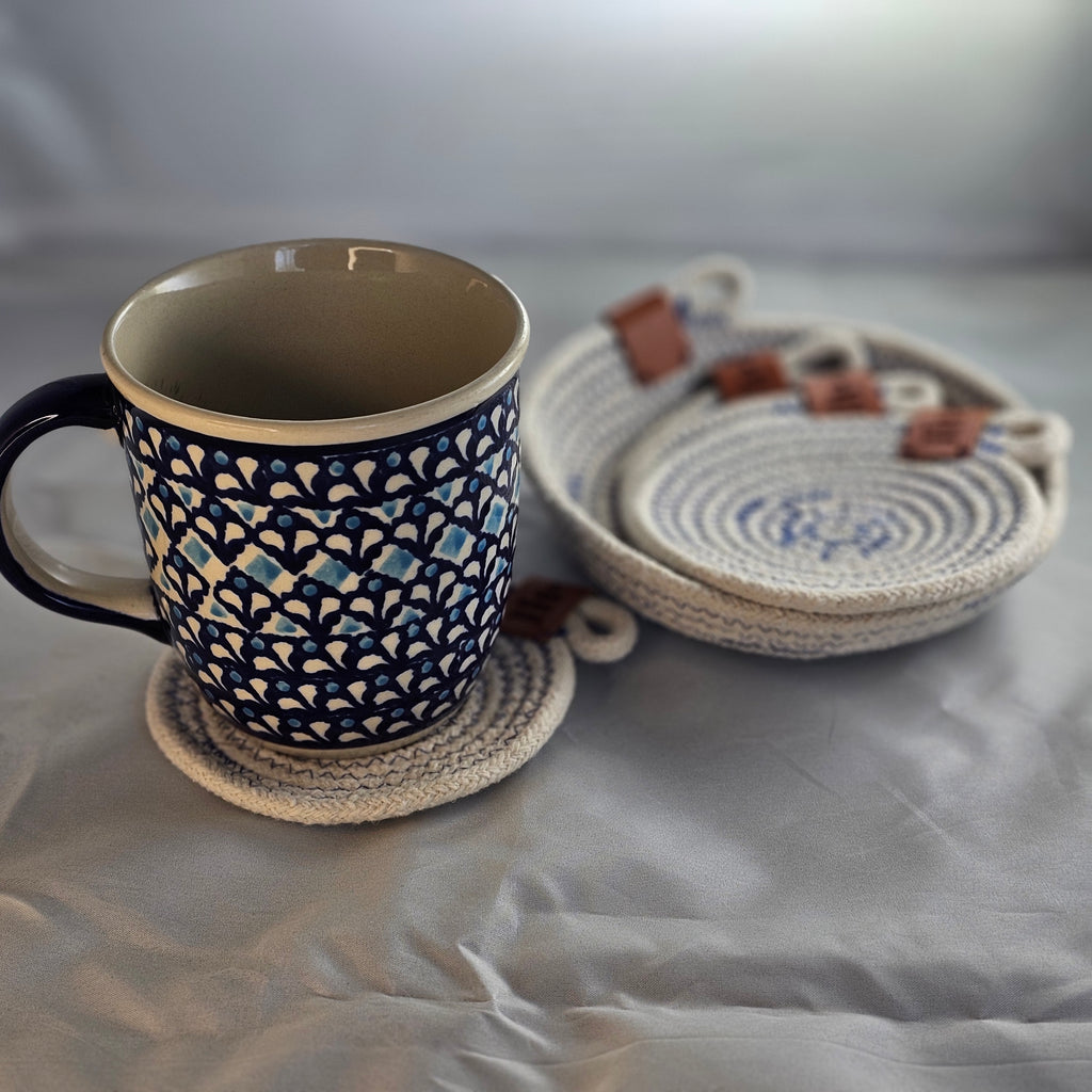 Rope Coaster Set of 4 with Storage Bowl, Blue & Cream