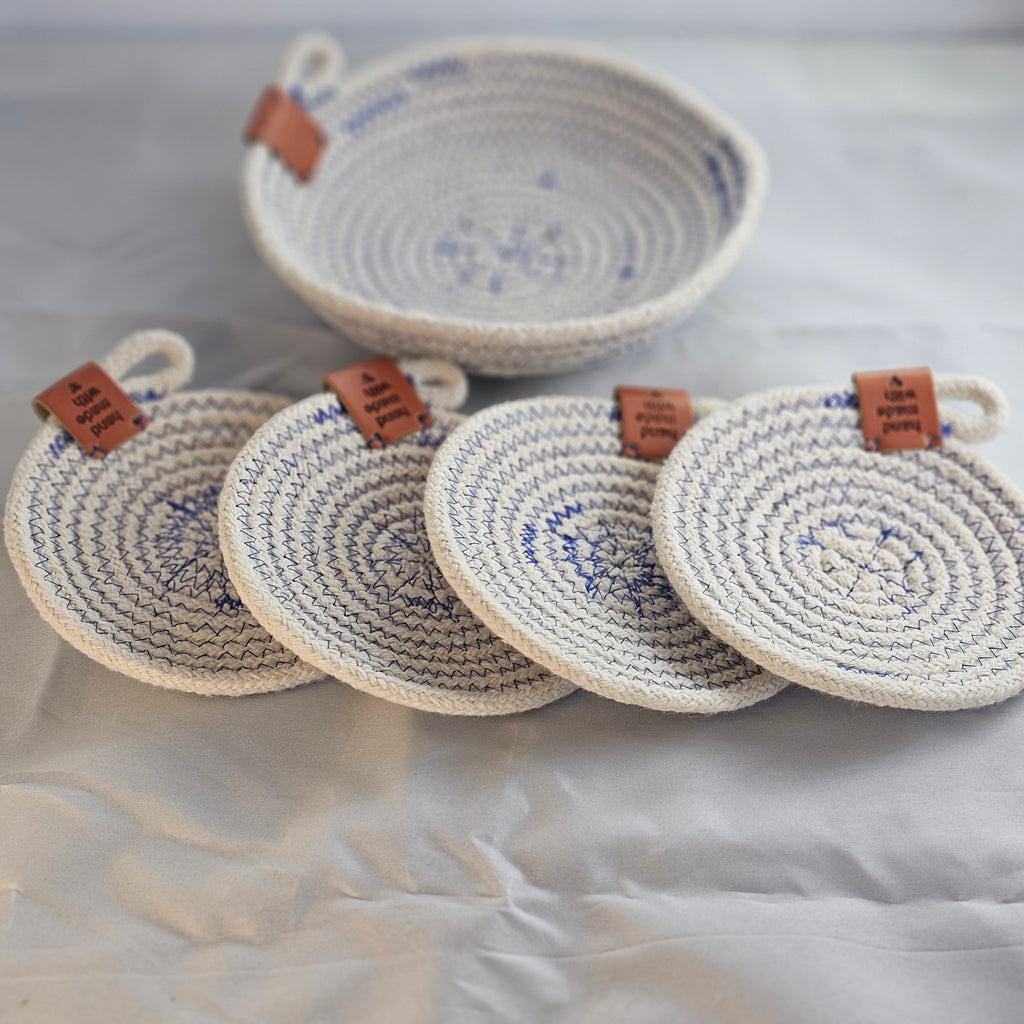 Rope Coaster Set of 4 with Storage Bowl, Blue & Cream