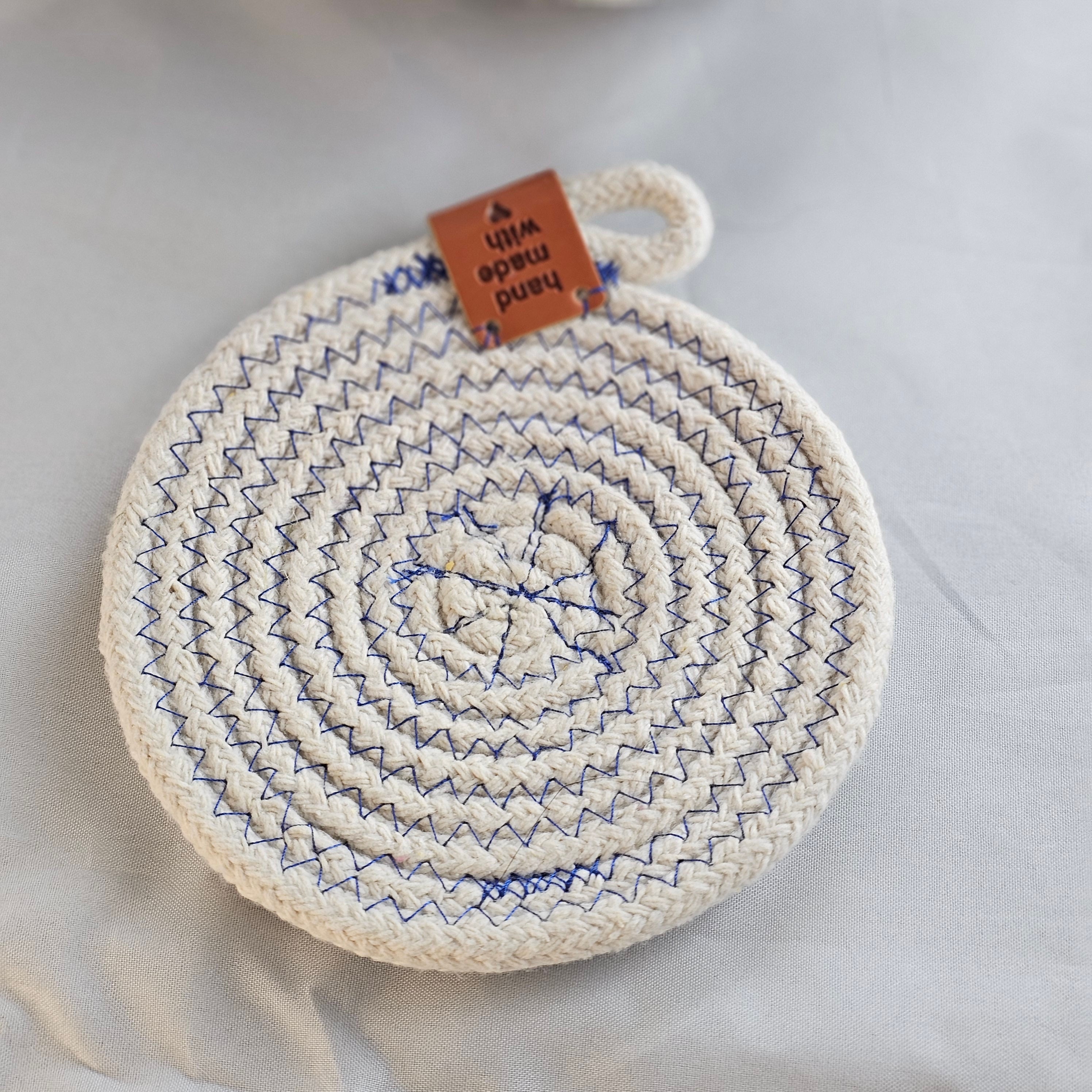 Rope Coaster Set of 4 with Storage Bowl, Blue & Cream