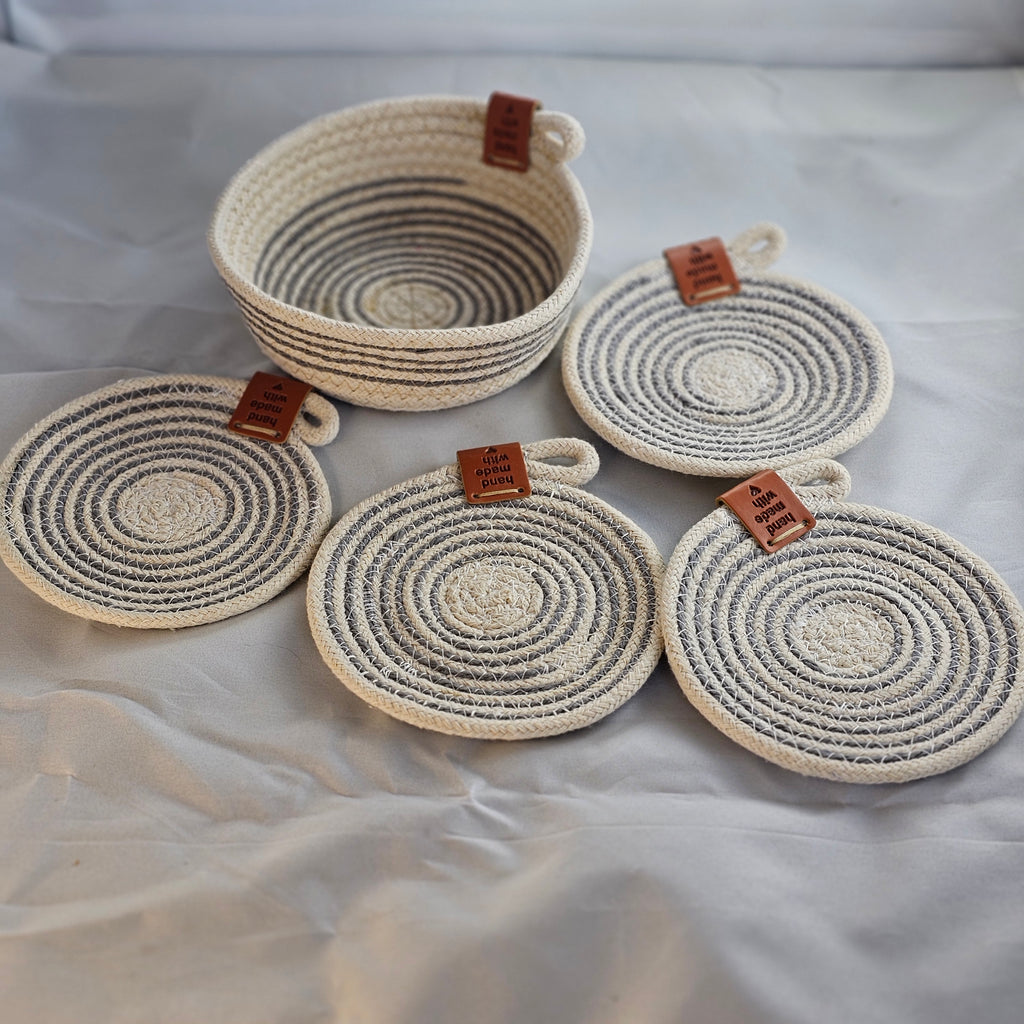 Rope Coaster Set of 4 with Storage Bowl, Grey & Cream