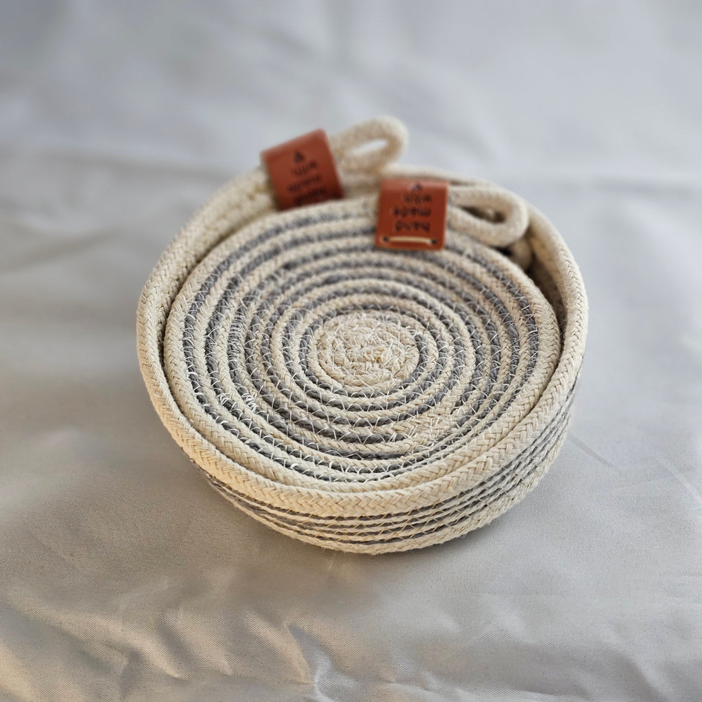 Rope Coaster Set of 4 with Storage Bowl, Grey & Cream