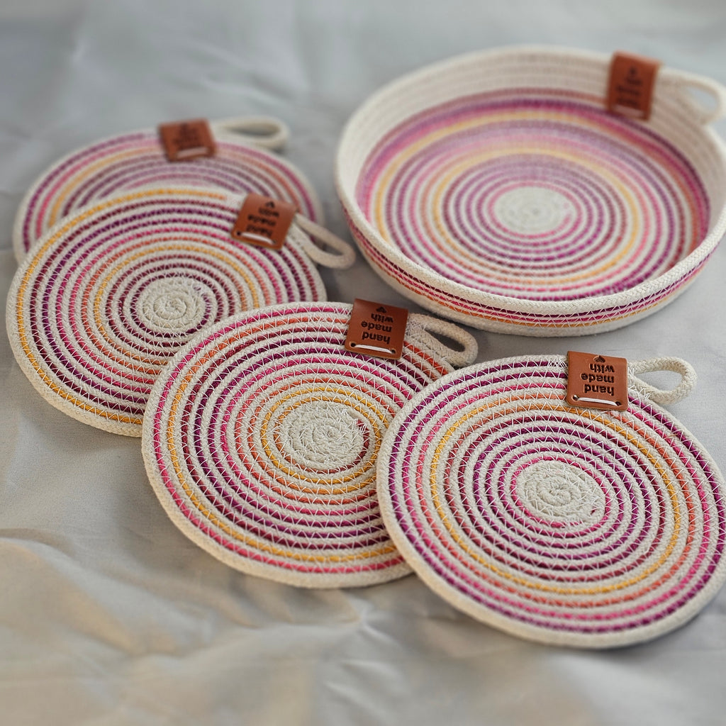 Rope Coaster Set of 4 with Storage Bowl, Variegated Pink, Orange & Cream