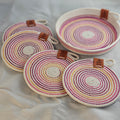 Rope Coaster Set of 4 with Storage Bowl, Variegated Pink, Orange & Cream