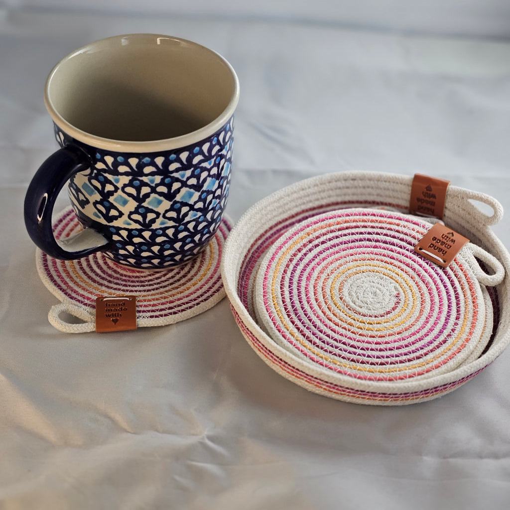 Rope Coaster Set of 4 with Storage Bowl, Variegated Pink, Orange & Cream