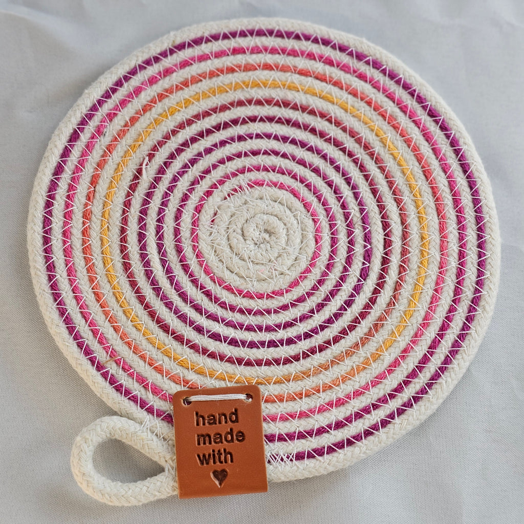 Rope Coaster Set of 4 with Storage Bowl, Variegated Pink, Orange & Cream