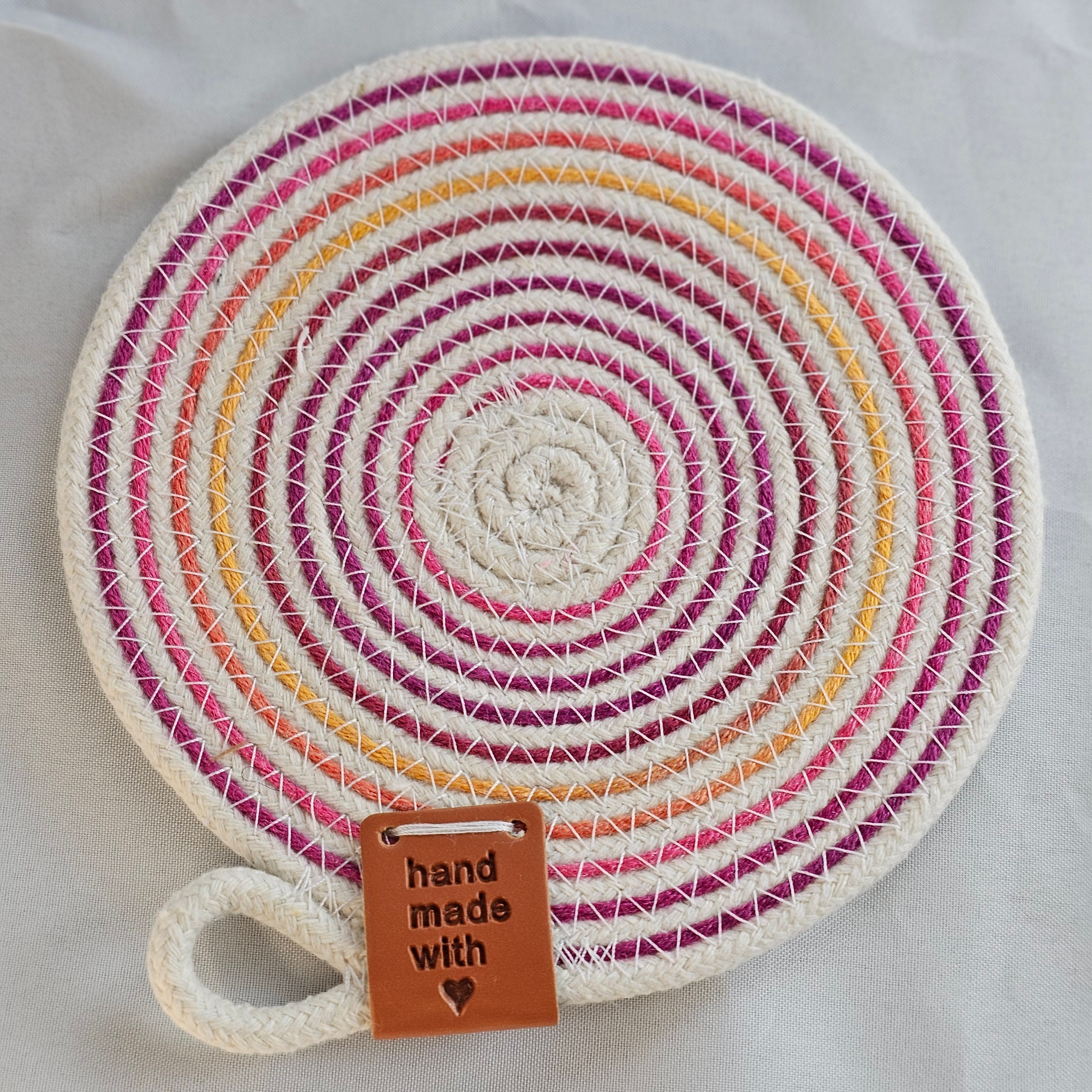 Rope Coaster Set of 4 with Storage Bowl, Variegated Pink, Orange & Cream