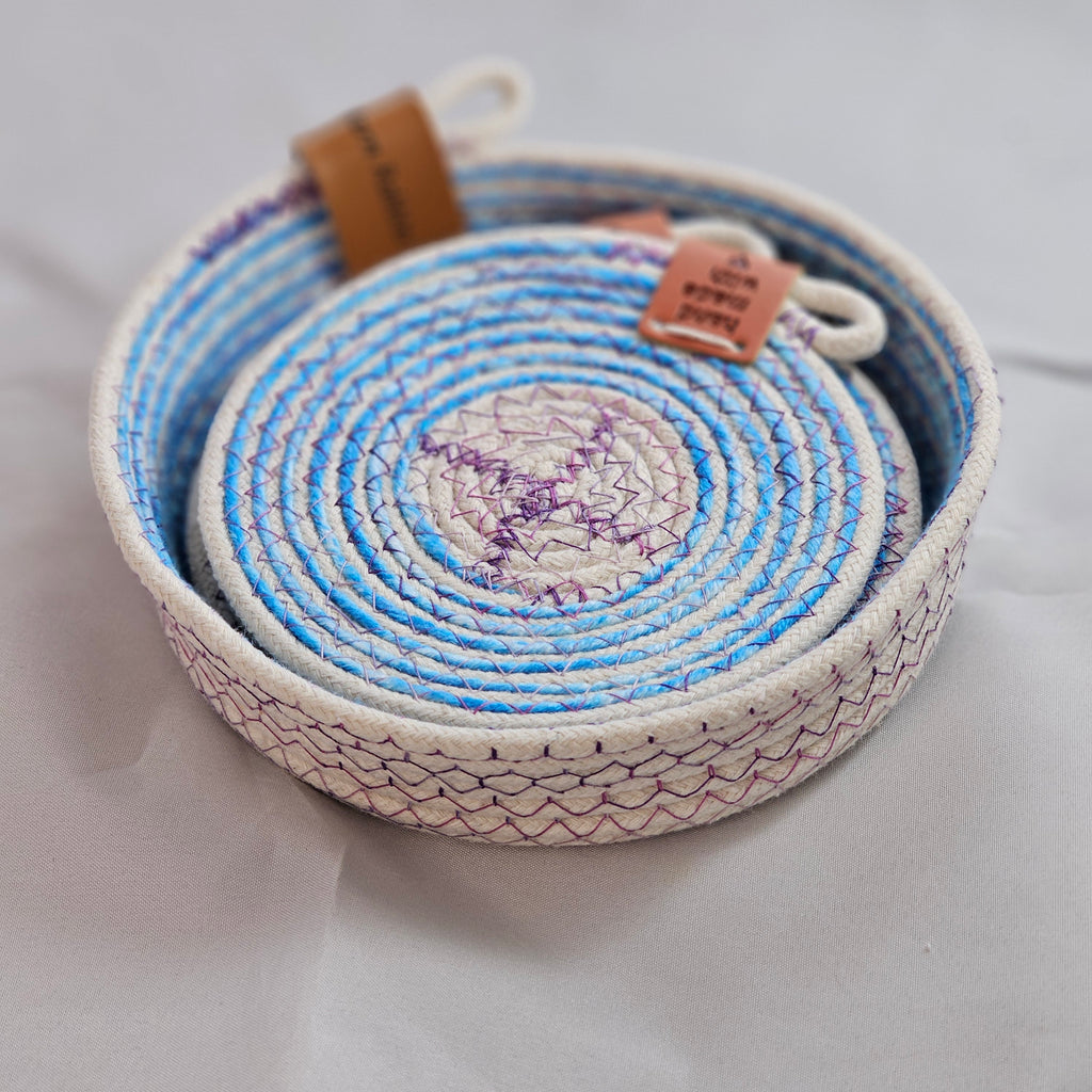Rope Coaster Set of 4 with Storage Bowl, Aqua & Purple