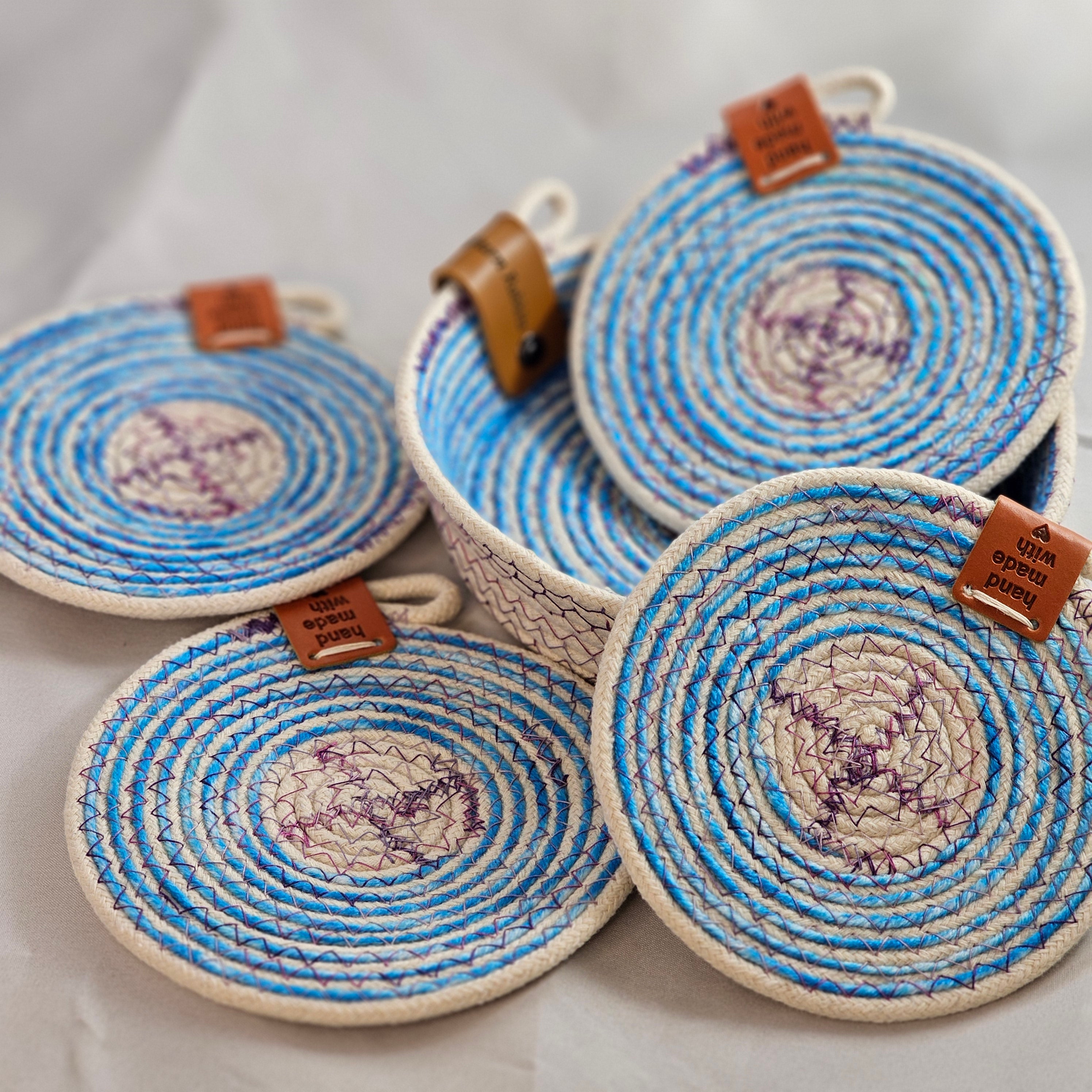 Rope Coaster Set of 4 with Storage Bowl, Aqua & Purple