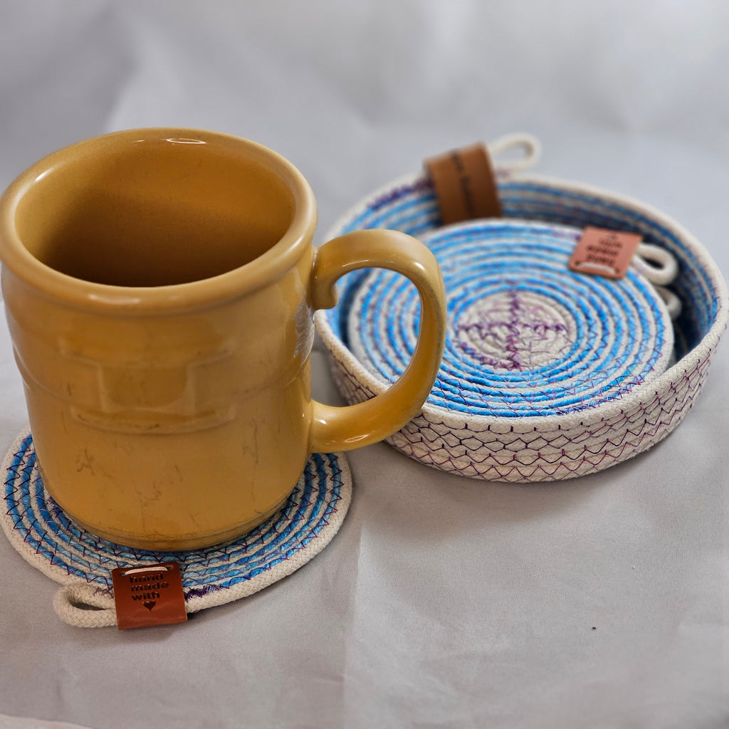 Rope Coaster Set of 4 with Storage Bowl, Aqua & Purple