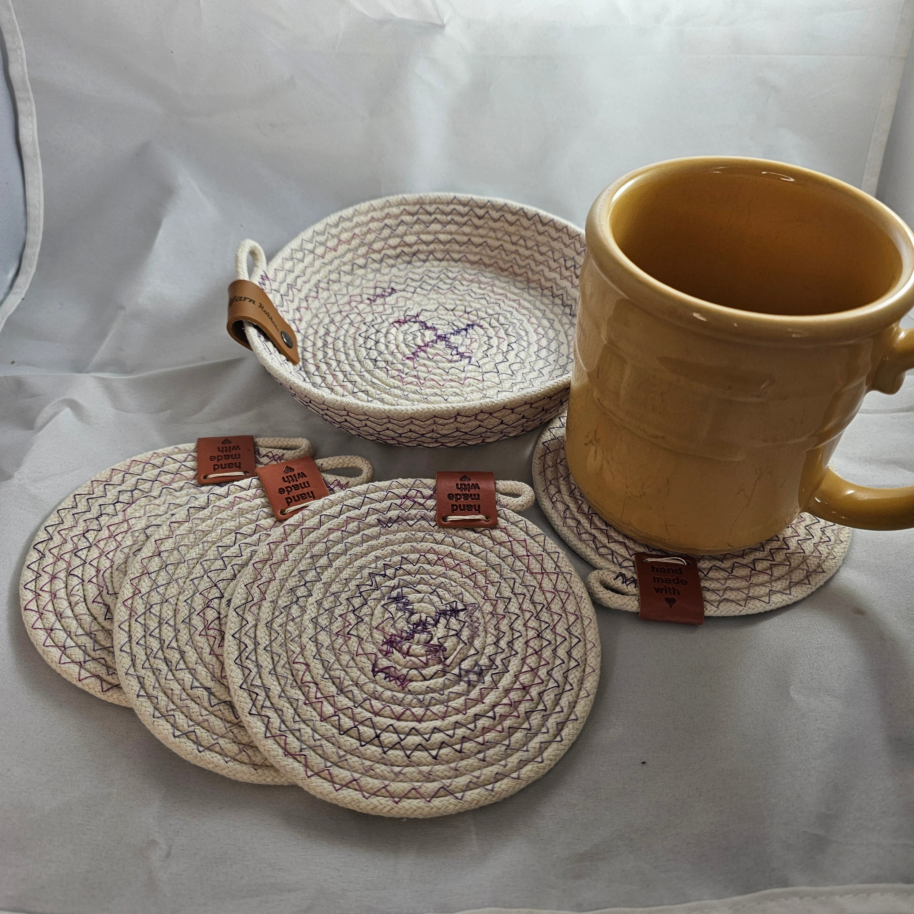 Rope Coaster Set of 4 with Storage Bowl, Variegated Purple & Cream