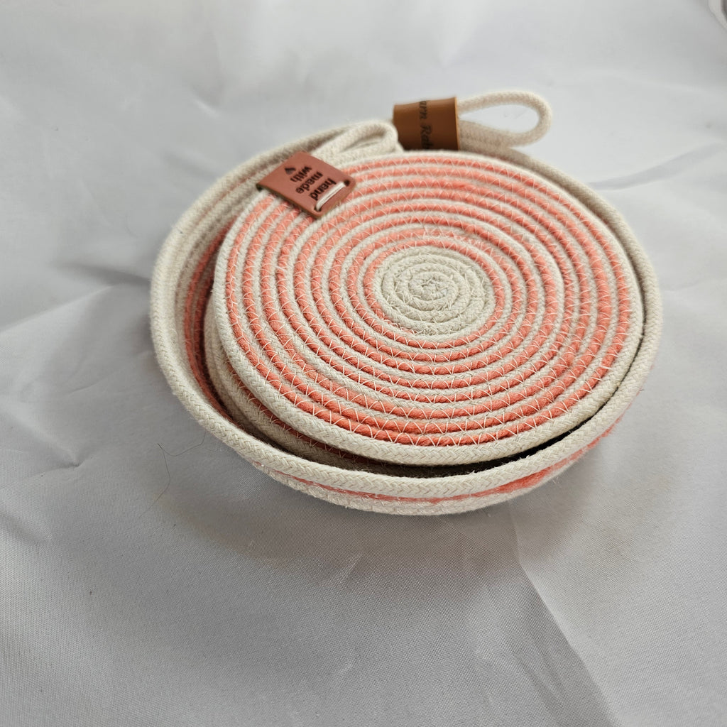 Rope Coaster Set of 4 with Storage Bowl, Coral & Cream