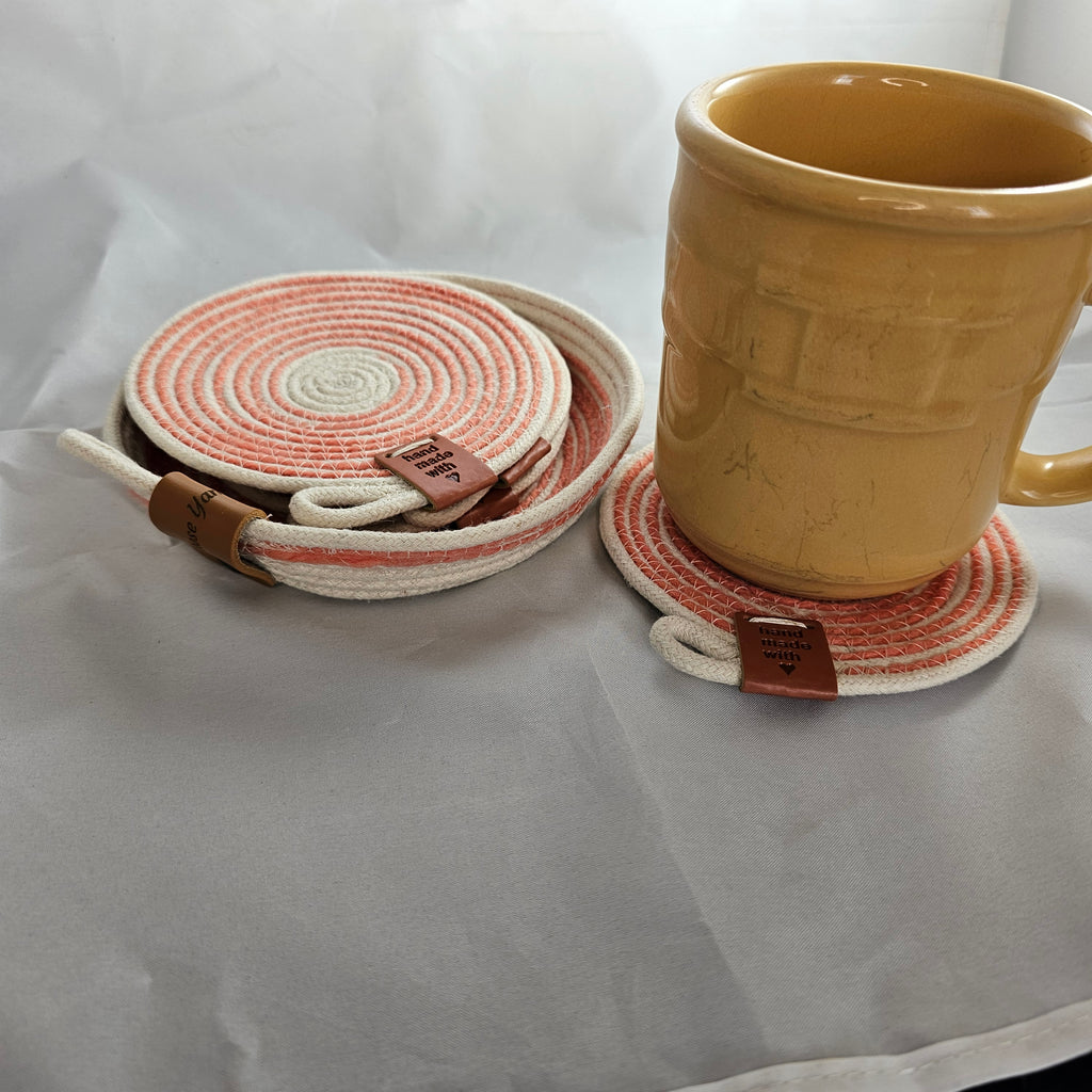 Rope Coaster Set of 4 with Storage Bowl, Coral & Cream