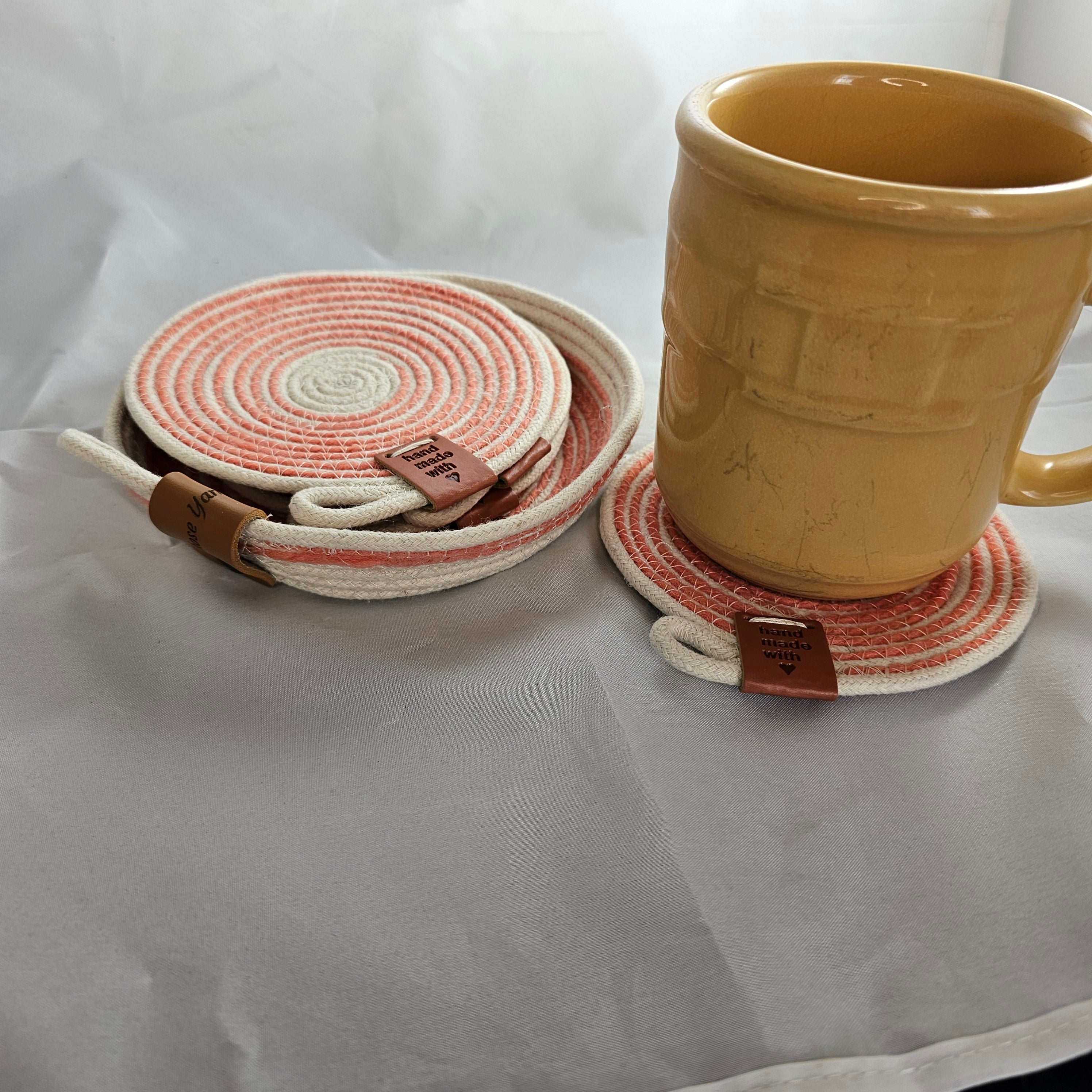 Rope Coaster Set of 4 with Storage Bowl, Coral & Cream