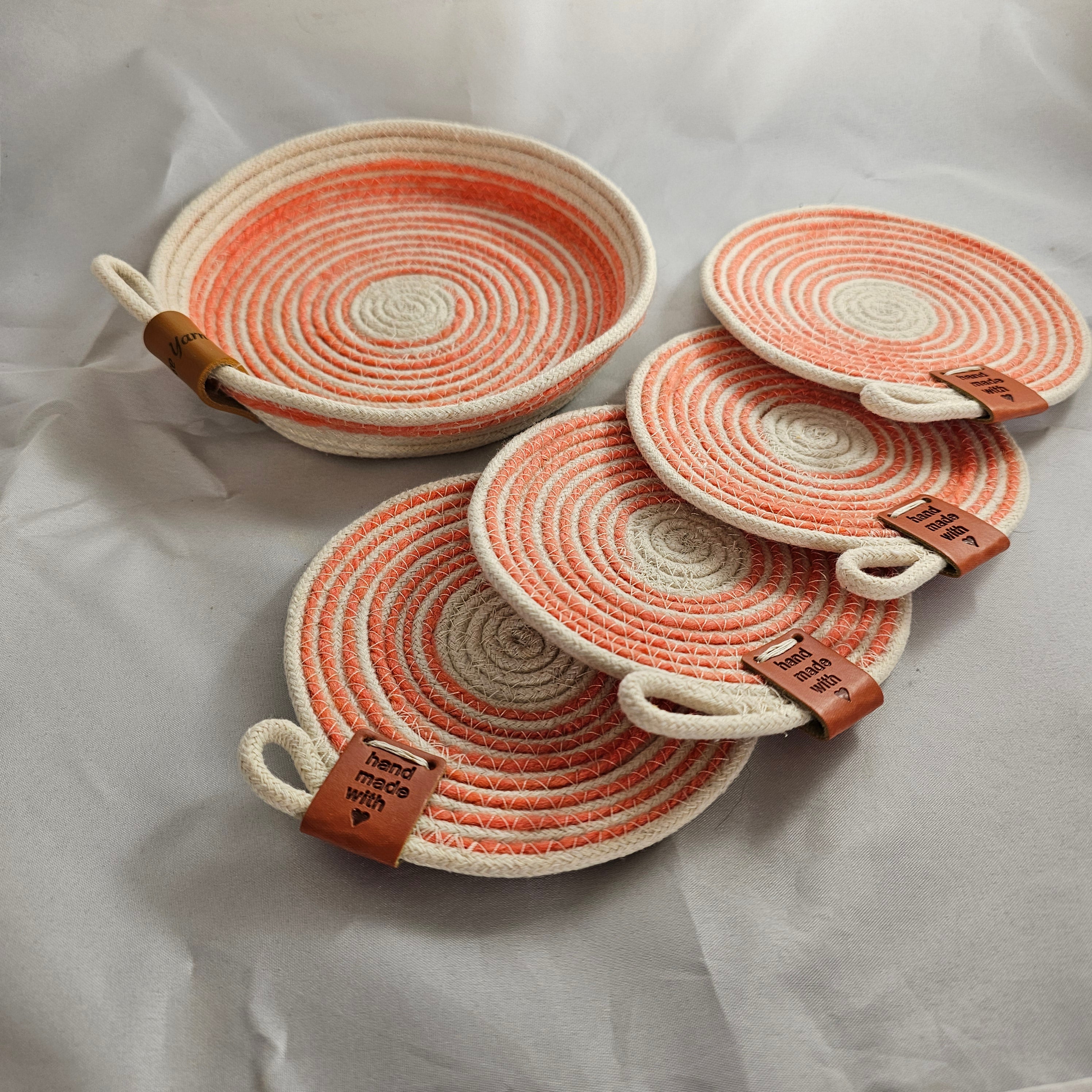 Rope Coaster Set of 4 with Storage Bowl, Coral & Cream