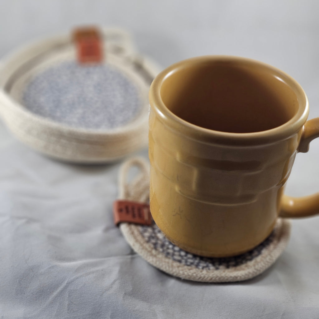 Rope Coaster Set of 4 with Storage Bowl, Grey & White Dot Fabric