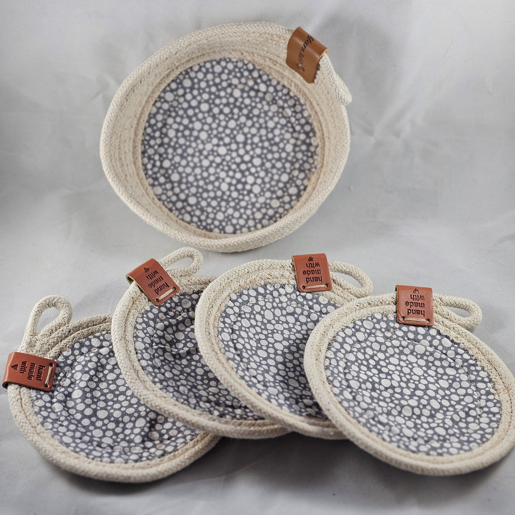Rope Coaster Set of 4 with Storage Bowl, Grey & White Dot Fabric