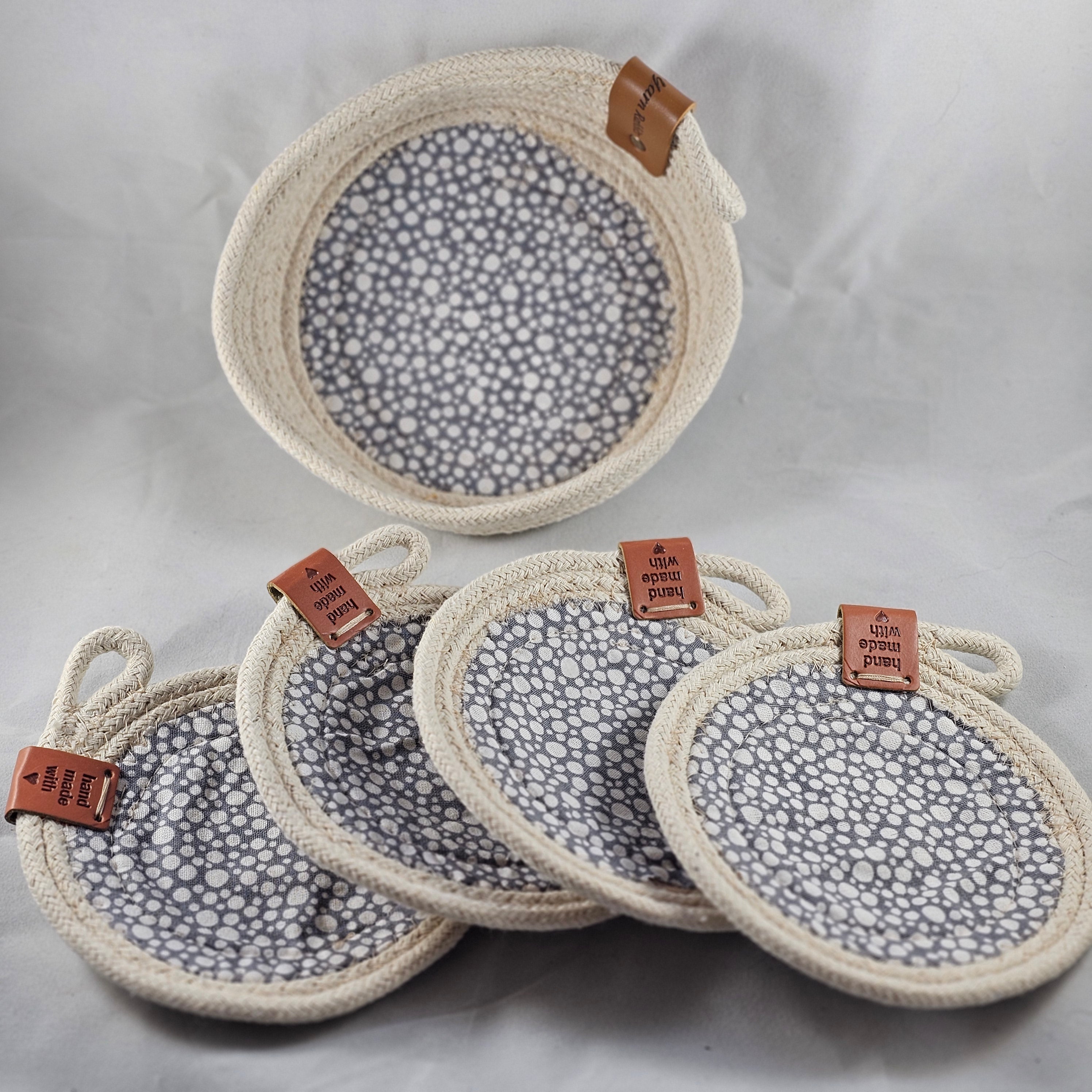 Rope Coaster Set of 4 with Storage Bowl, Grey & White Dot Fabric