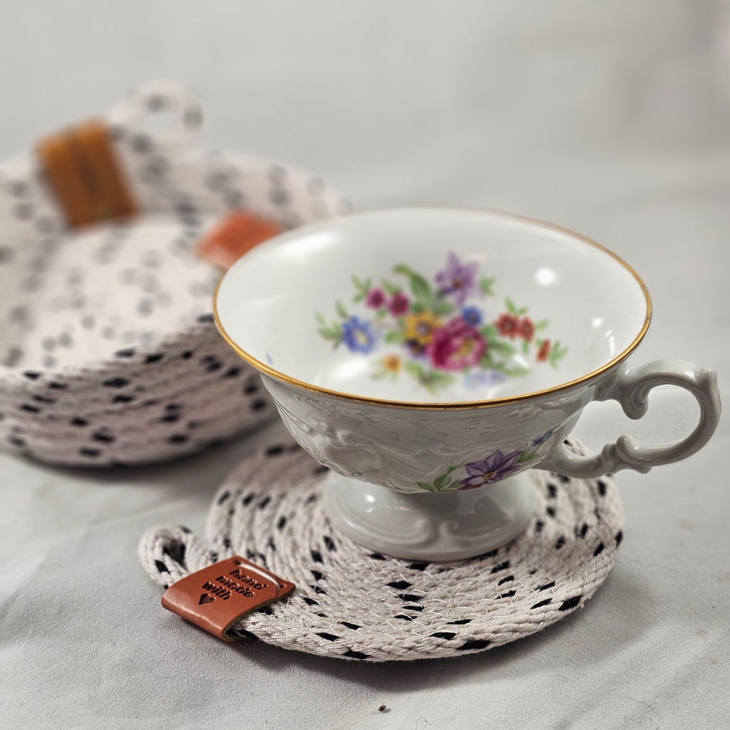 Rope Coaster Set of 4 with Storage Bowl, Black & White