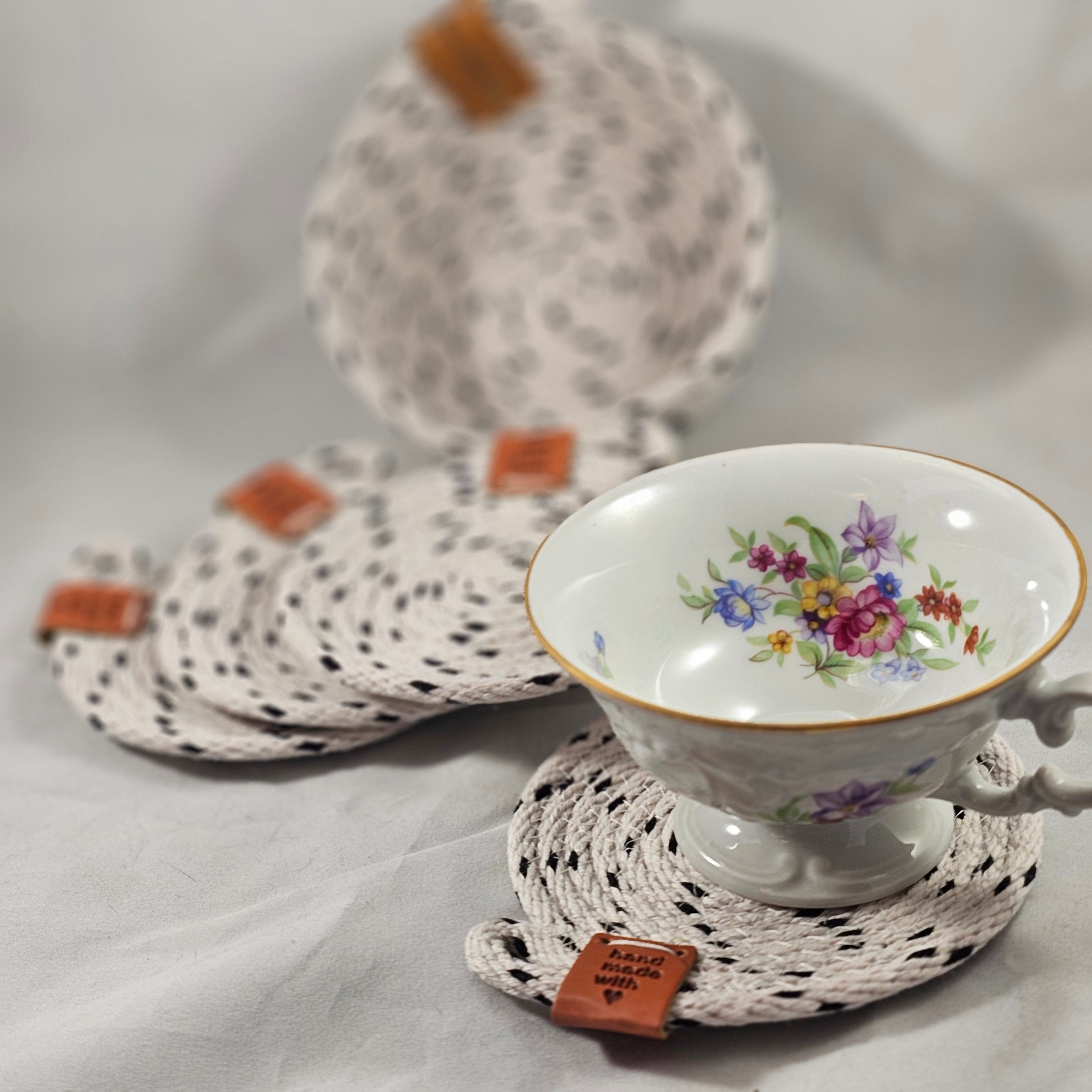 Rope Coaster Set of 4 with Storage Bowl, Black & White