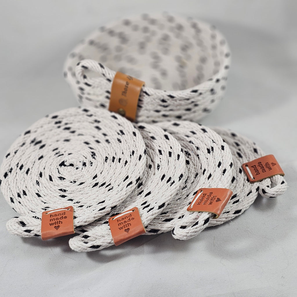 Rope Coaster Set of 4 with Storage Bowl, Black & White