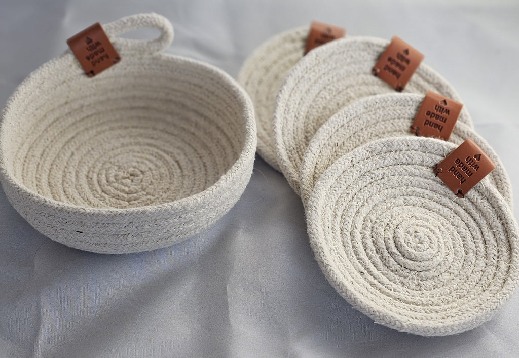 Rope Coaster Set of 4 with Storage Bowl, Neutral Cream