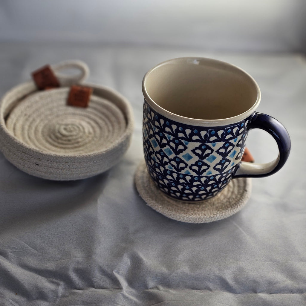 Rope Coaster Set of 4 with Storage Bowl, Neutral Cream